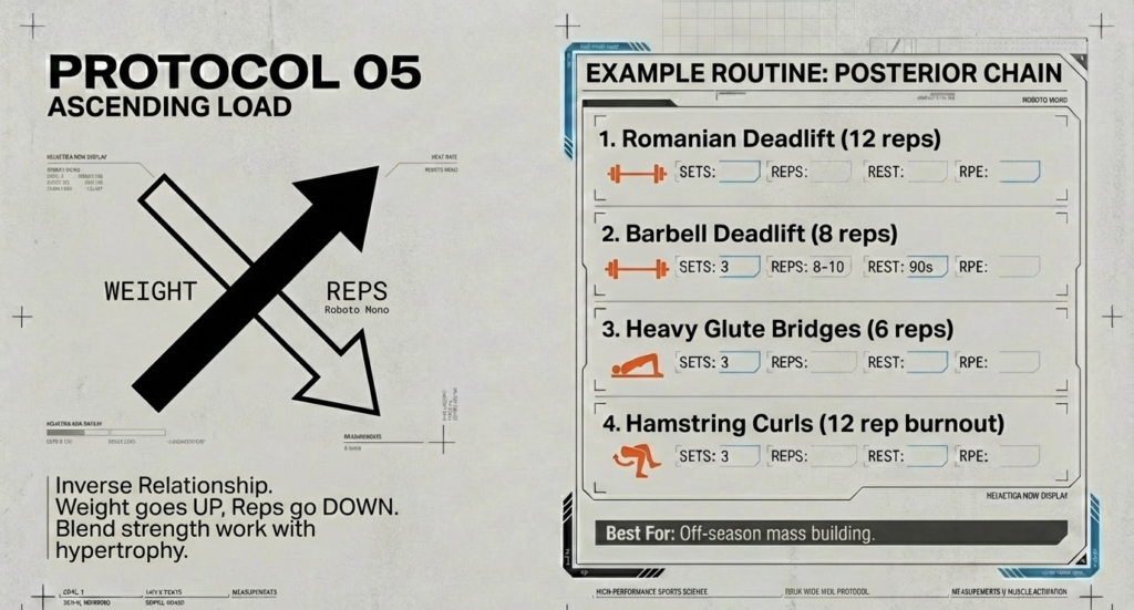 Workout infographic showing Romanian deadlifts, barbell deadlifts, glute bridges, and hamstring curls with increasing load and decreasing reps.