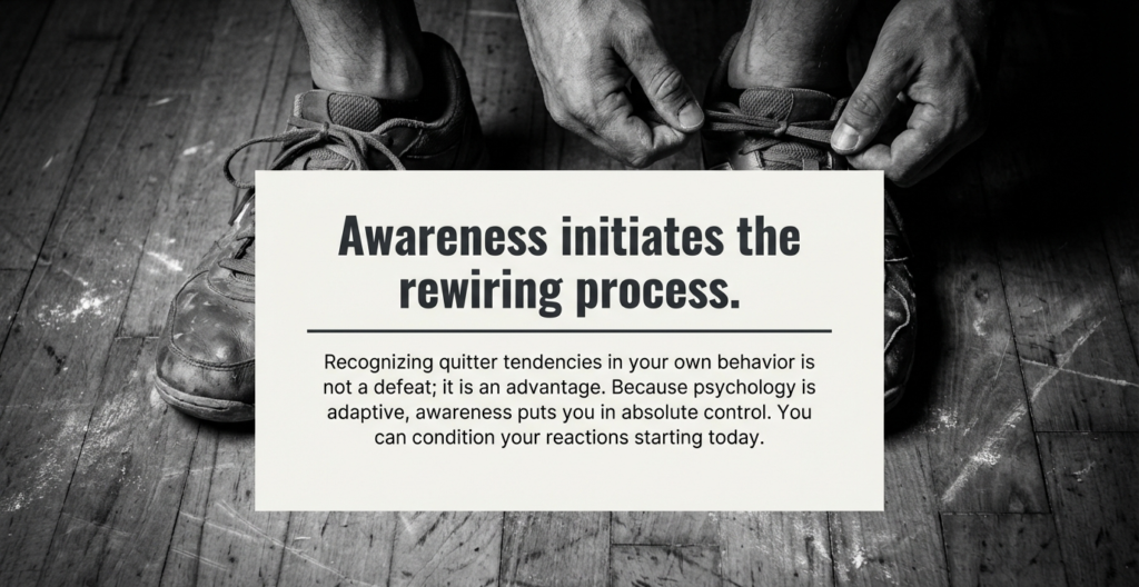 Black-and-white image of a person tying training shoes with overlay text emphasizing awareness as the first step in psychological change.