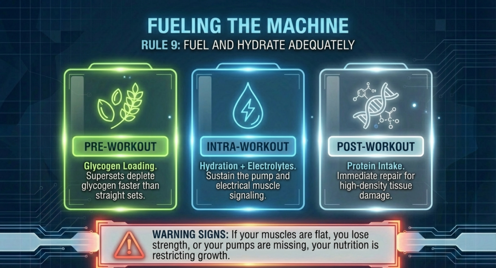 Infographic showing pre-workout, intra-workout, and post-workout nutrition strategies for superset training.