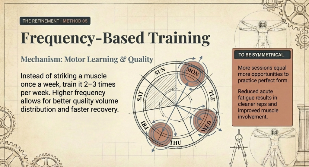 Weekly training frequency diagram showing multiple muscle training sessions for improved recovery and technique.