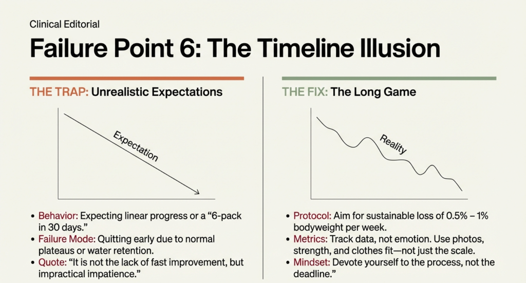 Graph showing unrealistic linear fat loss expectations versus realistic, fluctuating long-term progress.