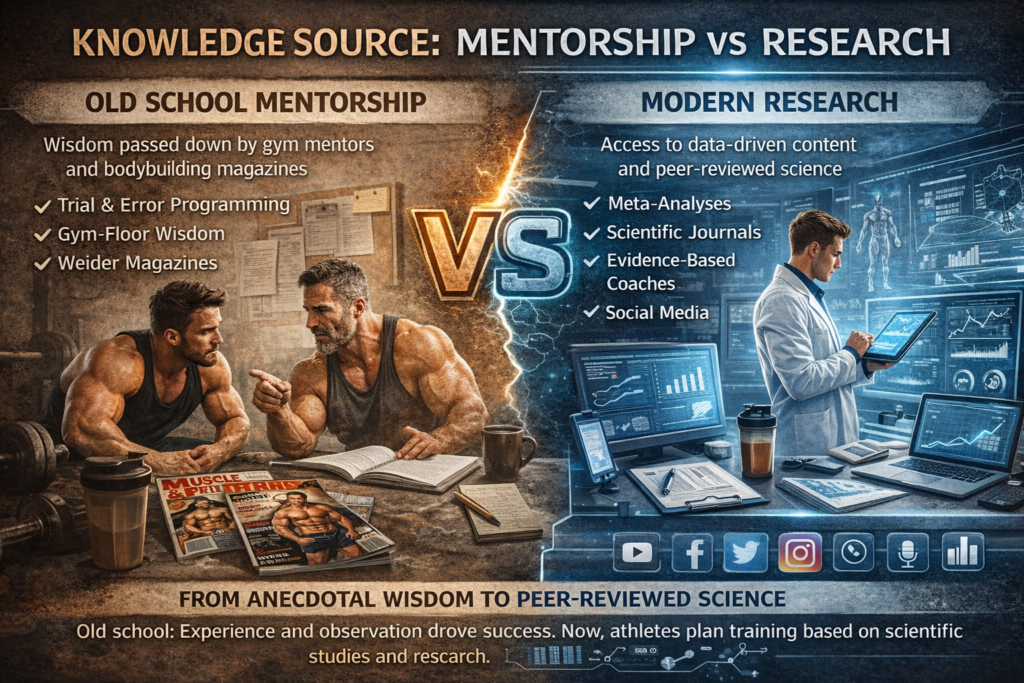 Split infographic comparing old school gym mentorship and bodybuilding magazines with modern research-based training using scientific journals, data analytics, and lab studies.