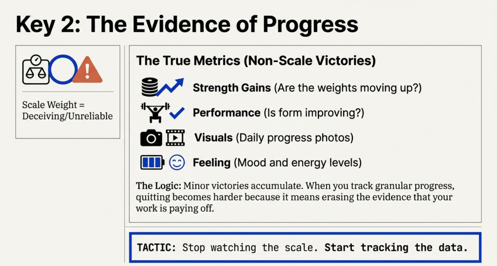 Infographic listing non-scale fitness metrics such as strength gains, performance, progress photos, and energy levels.