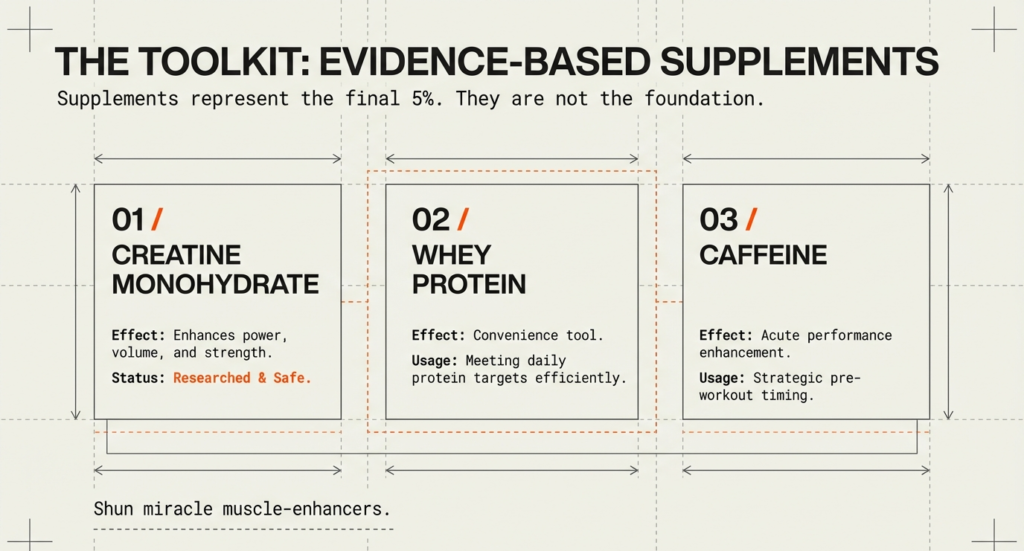 Supplement guide listing creatine monohydrate, whey protein, and caffeine with effects on strength, recovery, and performance.
