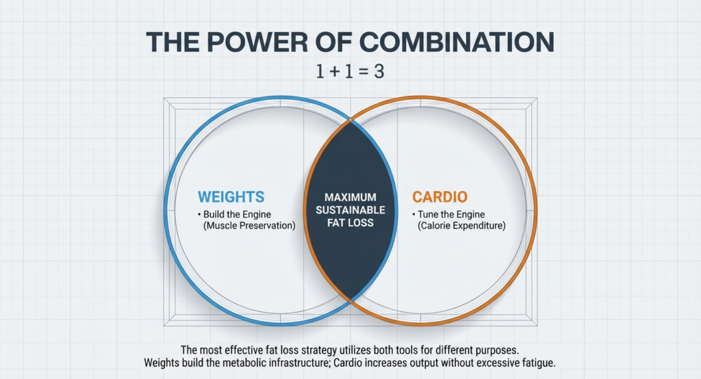 Venn diagram showing overlap between weights and cardio leading to maximum sustainable fat loss.