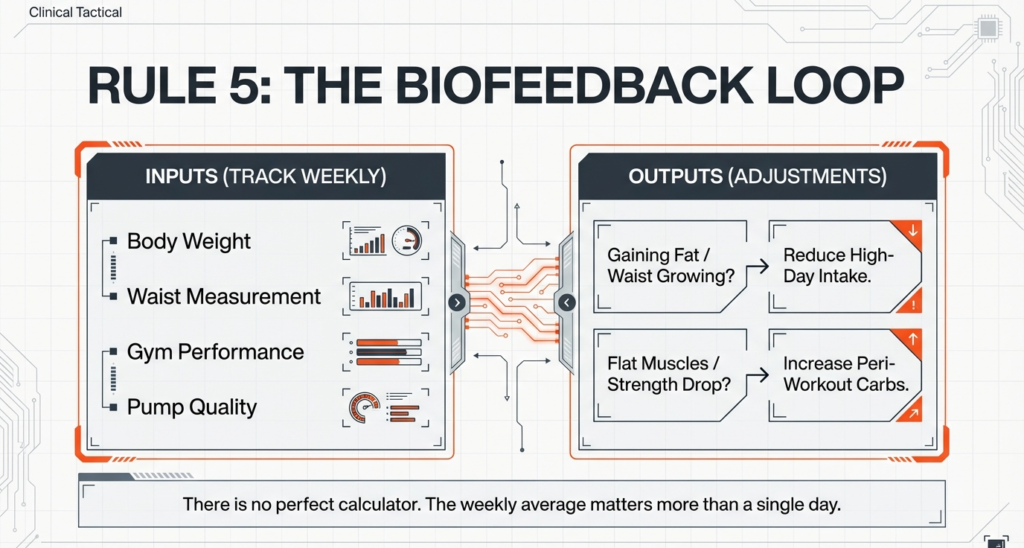 Tracking dashboard infographic showing body weight, waist measurement, gym performance, and pump quality for carb cycling adjustments.