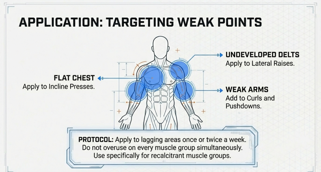 Diagram showing rest-pause application for weak chest, underdeveloped delts, and weak arms to improve muscle symmetry.