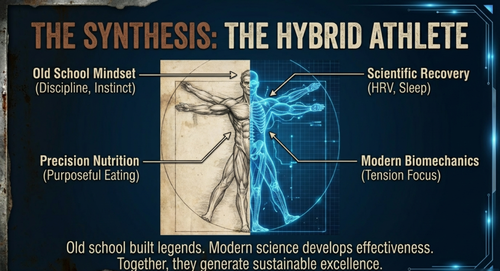 Half classical anatomy drawing and half futuristic biomechanical model representing the fusion of old school mindset and modern recovery science.