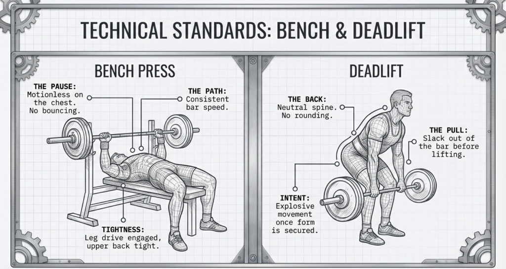 Technical diagrams showing correct bench press pause, bar path, deadlift posture, and pulling mechanics.