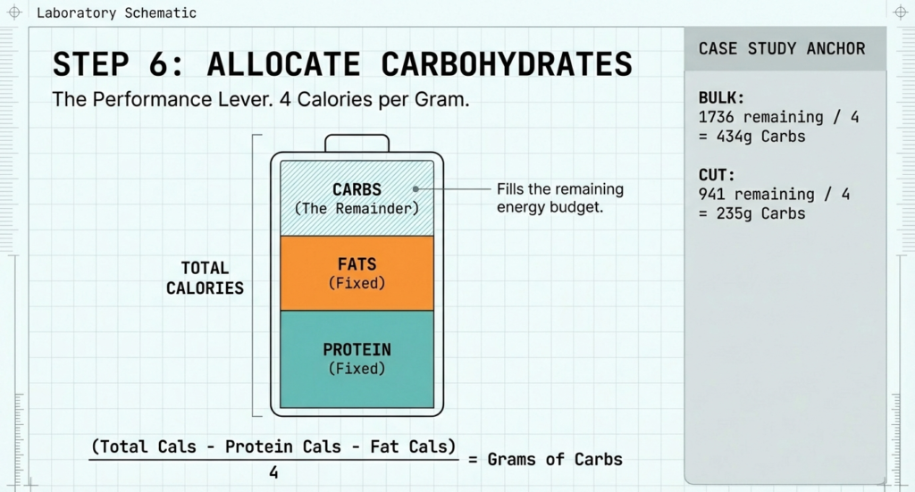 Macro breakdown graphic showing protein and fats fixed while carbohydrates fill remaining calorie budget.