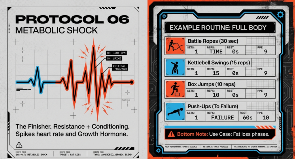Infographic featuring battle ropes, kettlebell swings, box jumps, and push-ups for metabolic shock training.