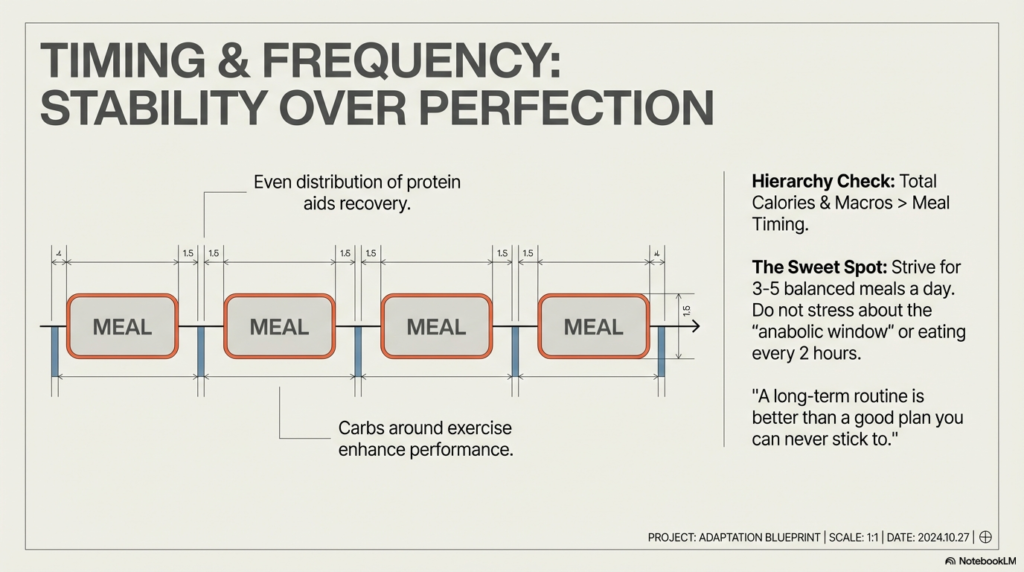 Diagram showing balanced meal spacing and protein distribution throughout the day.