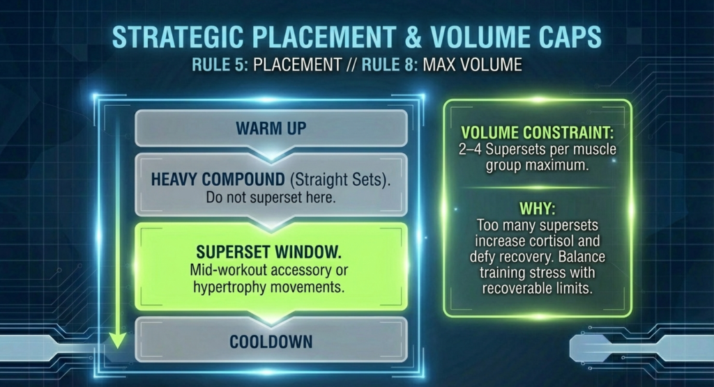 Training flow diagram showing where supersets fit within a workout and recommended volume limits per muscle group.