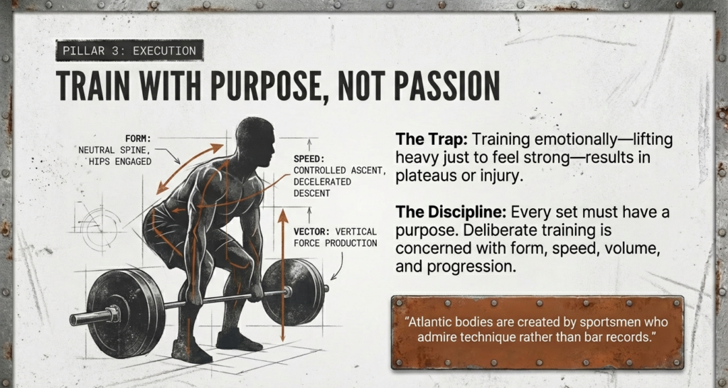 Technical deadlift illustration explaining controlled movement, proper form, and deliberate training execution.