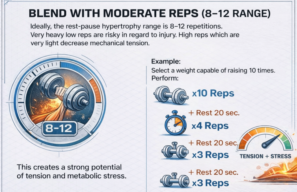 Infographic explaining rest-pause training in the 8–12 rep range, showing an example of 10 reps, 20-second rest, 4 reps, 20-second rest, and 3 reps to maximize tension and metabolic stress.