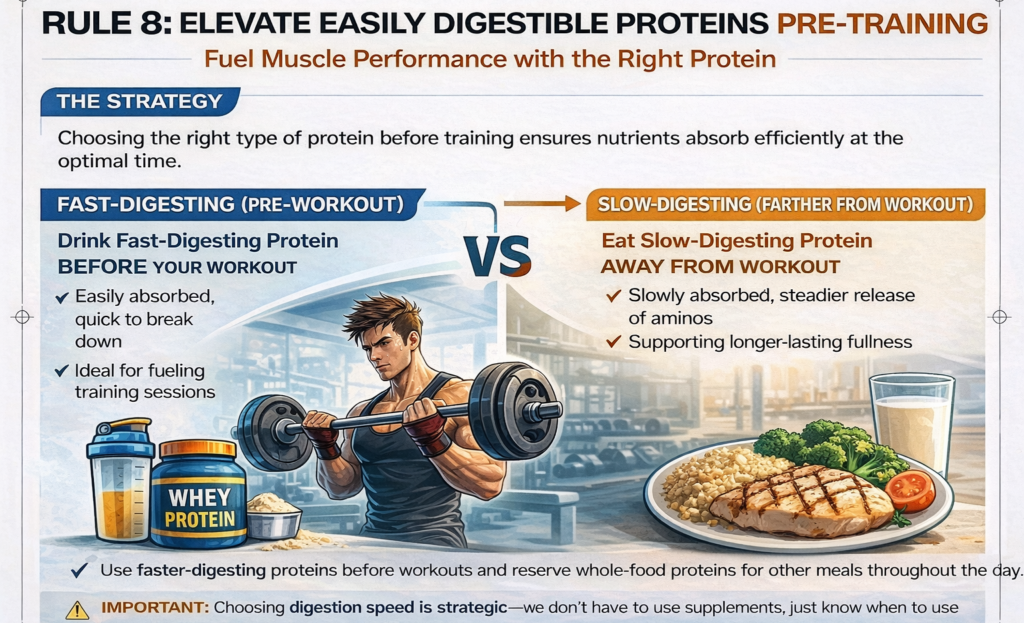 Infographic comparing fast-digesting protein like whey before workouts versus slow-digesting whole foods away from training.