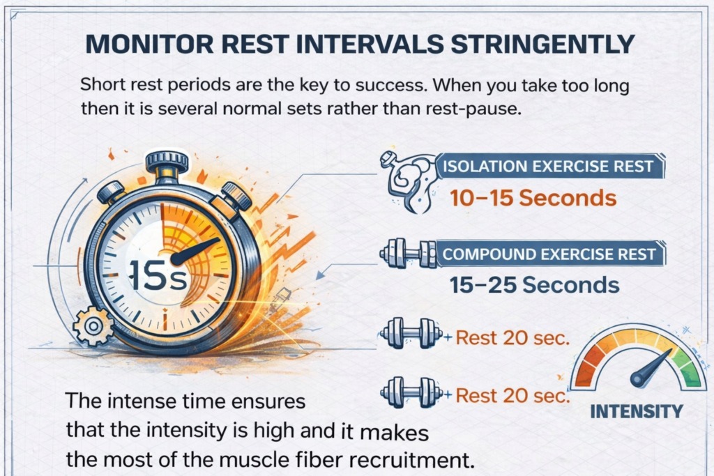Infographic emphasizing strict rest intervals in rest-pause training, showing recommended rest times of 10–15 seconds for isolation exercises and 15–25 seconds for compound lifts, with a stopwatch icon highlighting intensity.