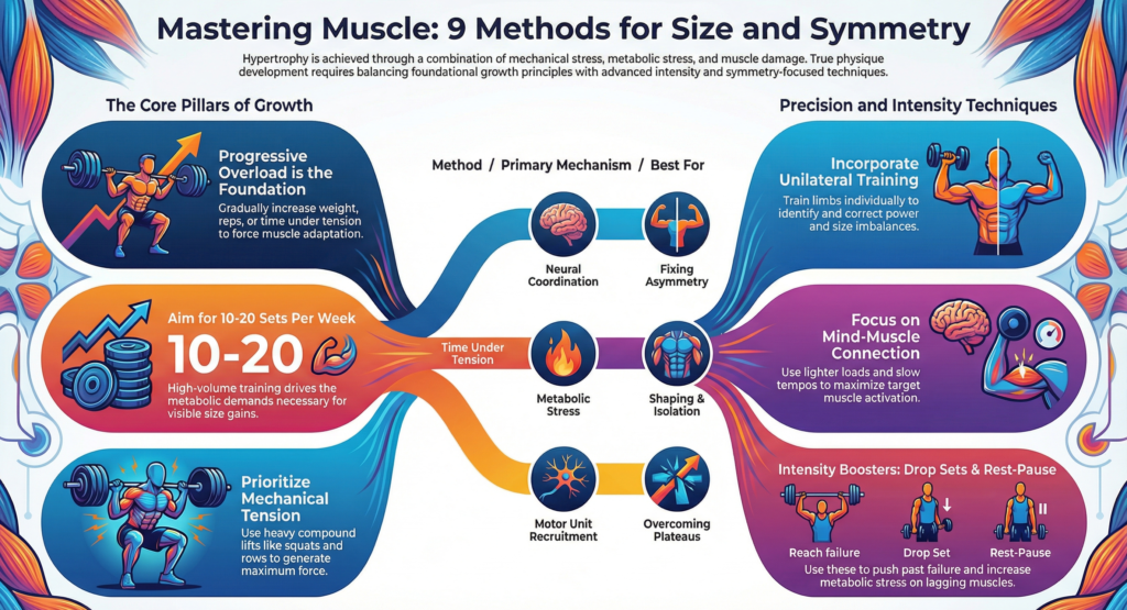 Infographic explaining 9 hypertrophy training methods for muscle size and symmetry, including progressive overload, volume training, mechanical tension, unilateral training, mind–muscle connection, and intensity techniques like drop sets and rest-pause.