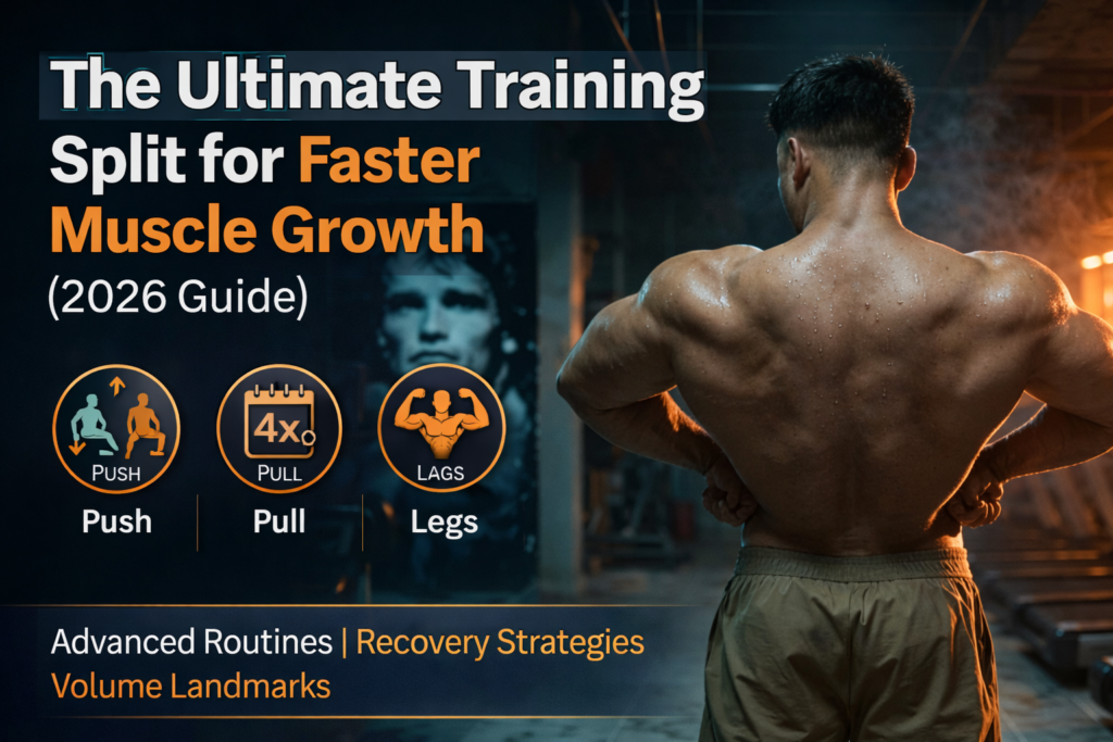 Muscular bodybuilder posing from the back in a gym, representing an advanced bodybuilding training split for faster muscle growth, featuring push pull legs structure and 2026 muscle-building strategies.
