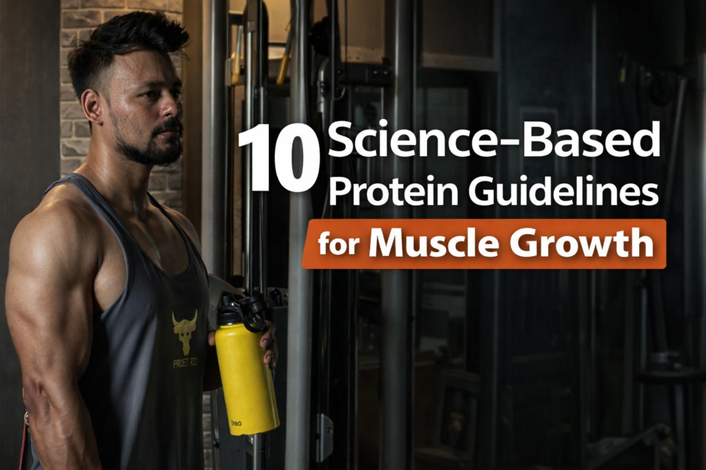 Fitness banner featuring a muscular man standing in a gym holding a yellow shaker bottle, highlighting the title “10 Science-Based Protein Guidelines for Muscle Growth.”