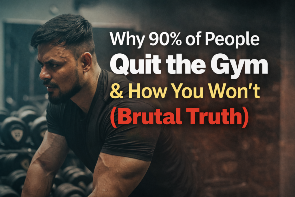 Banner image showing a focused, muscular man resting between sets in a gym, representing discipline and consistency, with text reading “Why 90% of People Quit the Gym & How You Won’t (Brutal Truth).”
