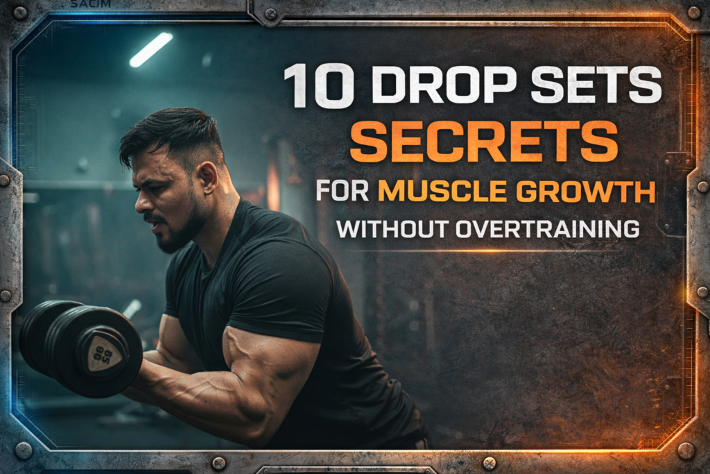 Muscular man performing heavy dumbbell curls in gym, promotional banner for drop set training secrets to build muscle without overtraining.