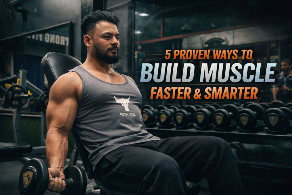 Muscular man performing seated dumbbell curls in a gym with dark teal and orange cinematic lighting and text reading 5 Proven Ways to Build Muscle Faster & Smarter.
