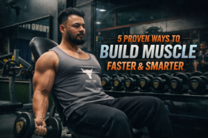 Muscular man performing seated dumbbell curls in a gym with dark teal and orange cinematic lighting and text reading 5 Proven Ways to Build Muscle Faster & Smarter.