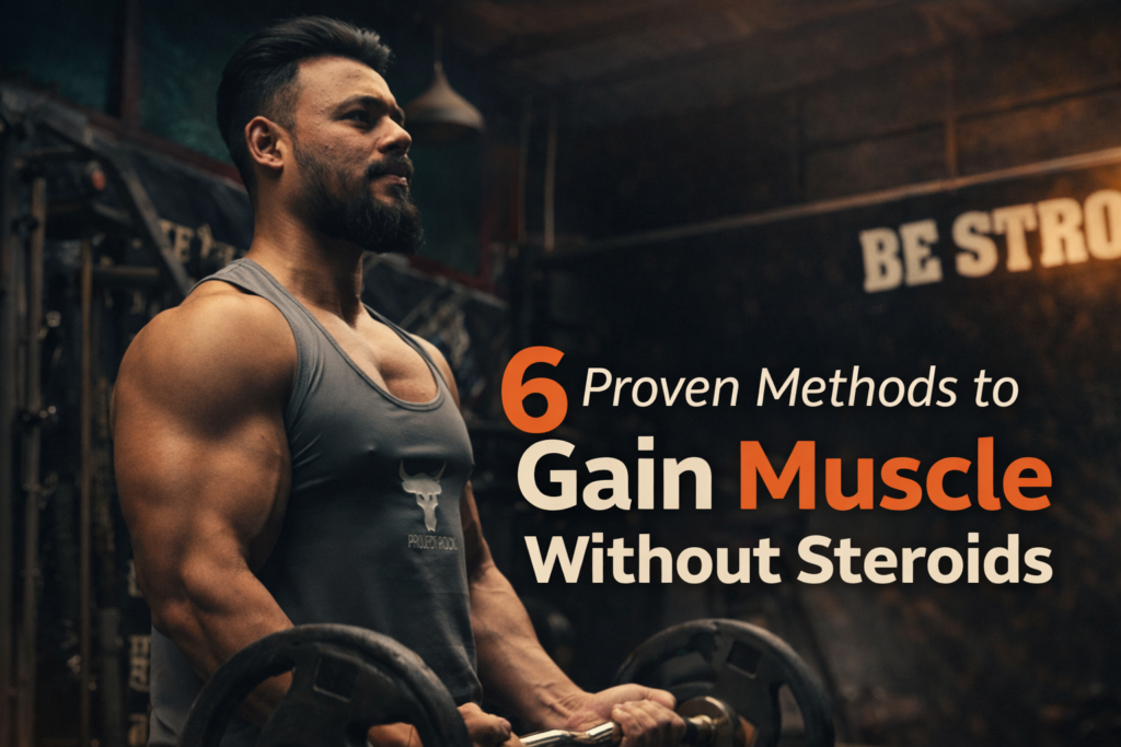 Cinematic gym banner showing a muscular man performing barbell curls under dark teal and orange lighting with the text “6 Proven Methods to Gain Muscle Without Steroids.”