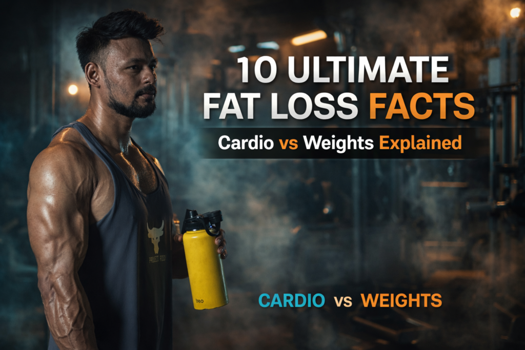 Muscular bodybuilder in a dimly lit industrial gym holding a shaker bottle, showcasing sharp muscle definition and veins under cinematic teal and orange lighting for fat loss article banner.