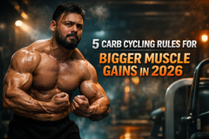 Hyper-realistic cinematic image of a muscular bodybuilder posing in a dimly lit industrial gym with visible veins, sharp muscle definition, teal and orange color grading, and bold text reading “5 Carb Cycling Rules for Bigger Muscle Gains in 2026.”
