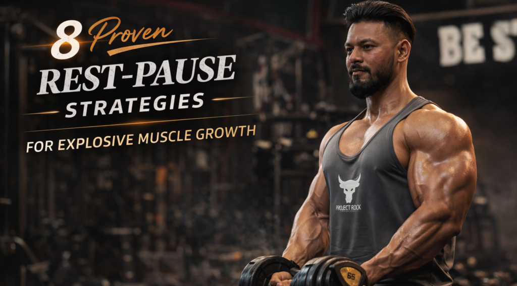 Cinematic dark luxury fitness banner of a muscular bodybuilder in a dimly lit industrial gym holding dumbbells, with bold text promoting 8 proven rest-pause strategies for explosive muscle growth.