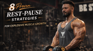 Cinematic dark luxury fitness banner of a muscular bodybuilder in a dimly lit industrial gym holding dumbbells, with bold text promoting 8 proven rest-pause strategies for explosive muscle growth.