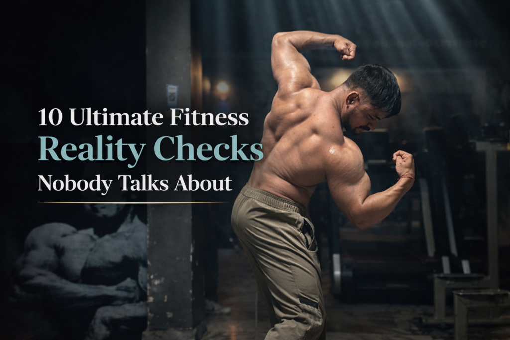 Muscular South Asian bodybuilder posing in a dark cinematic gym with teal lighting, flexing under dramatic light beams for a fitness blog banner titled “10 Ultimate Fitness Reality Checks Nobody Talks About.”