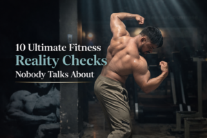 Muscular South Asian bodybuilder posing in a dark cinematic gym with teal lighting, flexing under dramatic light beams for a fitness blog banner titled “10 Ultimate Fitness Reality Checks Nobody Talks About.”