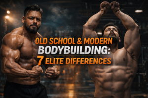 Side-by-side bodybuilding banner showing the same muscular man in two poses—classic old school flex on the left and modern aesthetic pose on the right—with bold orange and white title text in the center.