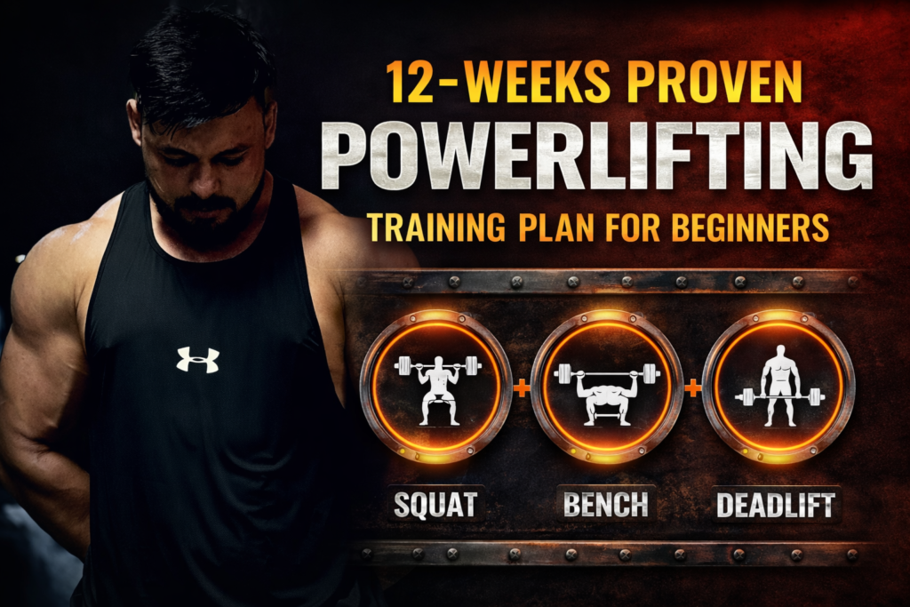 Muscular beginner powerlifter standing in a gym, representing a 12-week proven powerlifting training plan focused on strength and consistency.