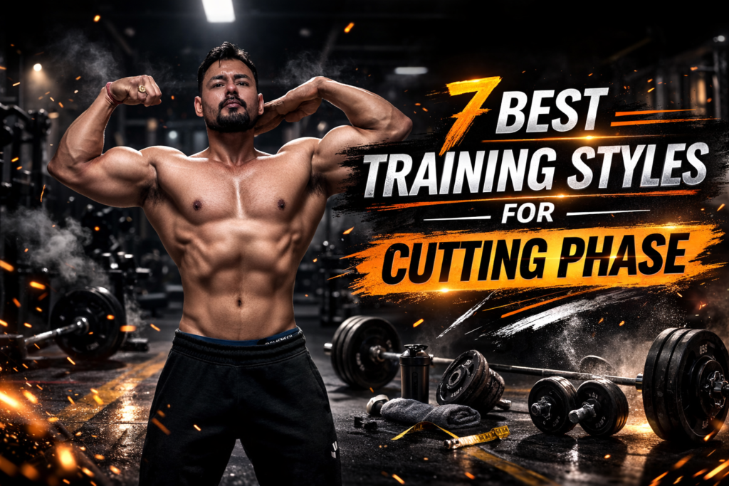 Muscular man in gym performing double biceps pose under dramatic lighting with bold text reading 7 Best Training Styles for Cutting Phase in a cinematic fitness banner.