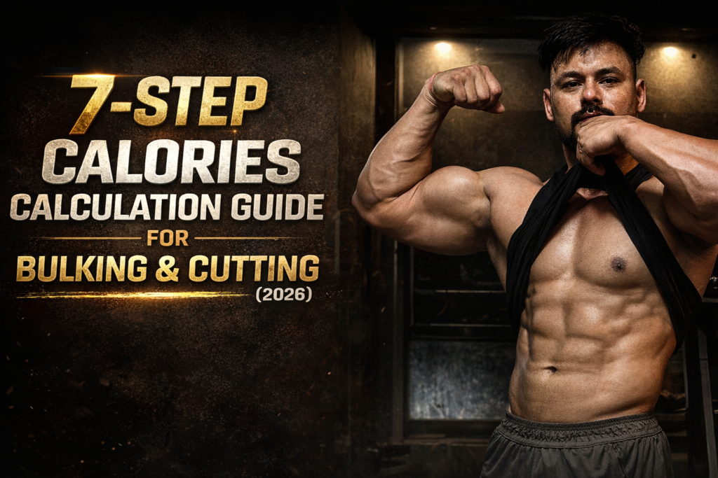 Muscular man flexing his bicep in a dark gym setting with enhanced muscle definition, featured in a banner titled “7-Step Calories Calculation Guide for Bulking & Cutting (2026).”