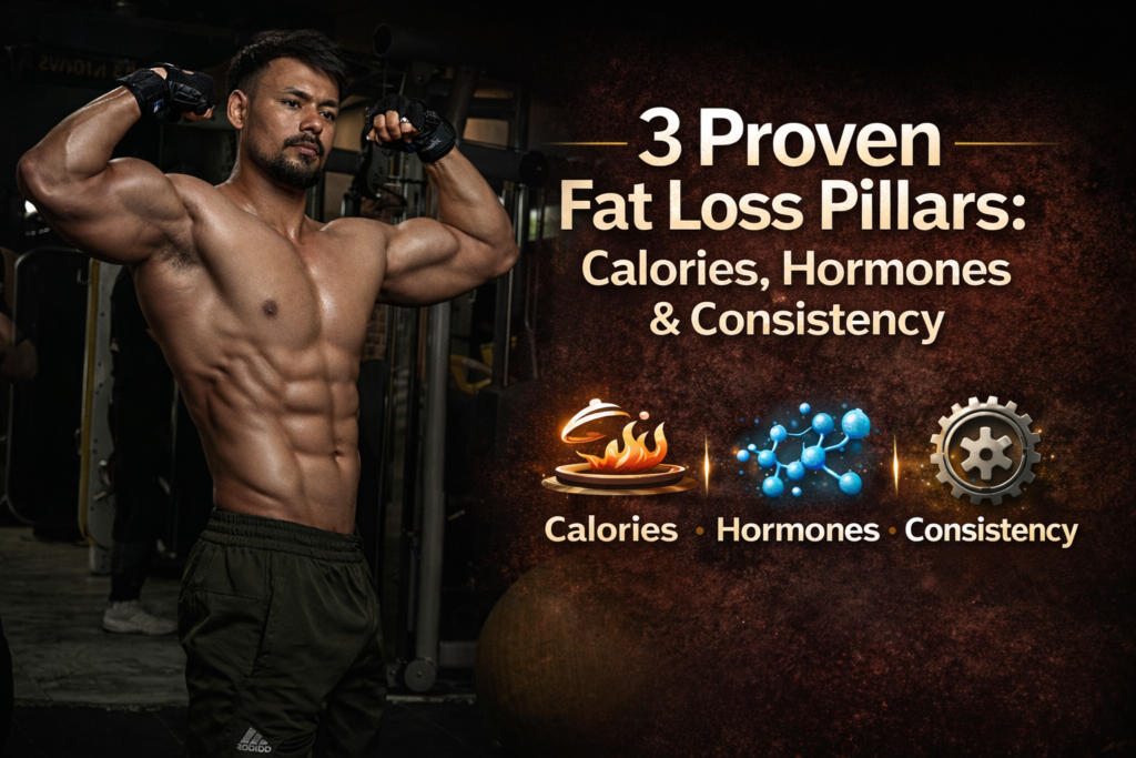 Muscular fitness coach posing in gym representing the three proven fat loss pillars: calorie control, hormone balance, and long-term consistency.