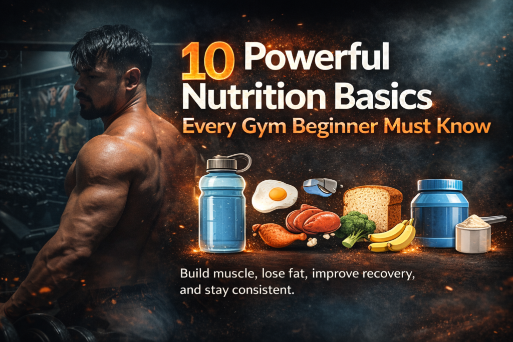 Muscular gym athlete posing under dramatic lighting, representing strength built through proper nutrition and training basics.