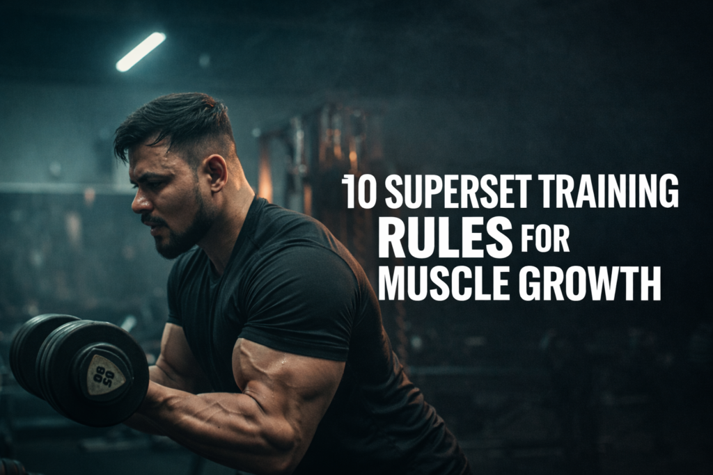 Athlete performing dumbbell bicep curls in the gym illustrating superset training rules for muscle growth and hypertrophy.