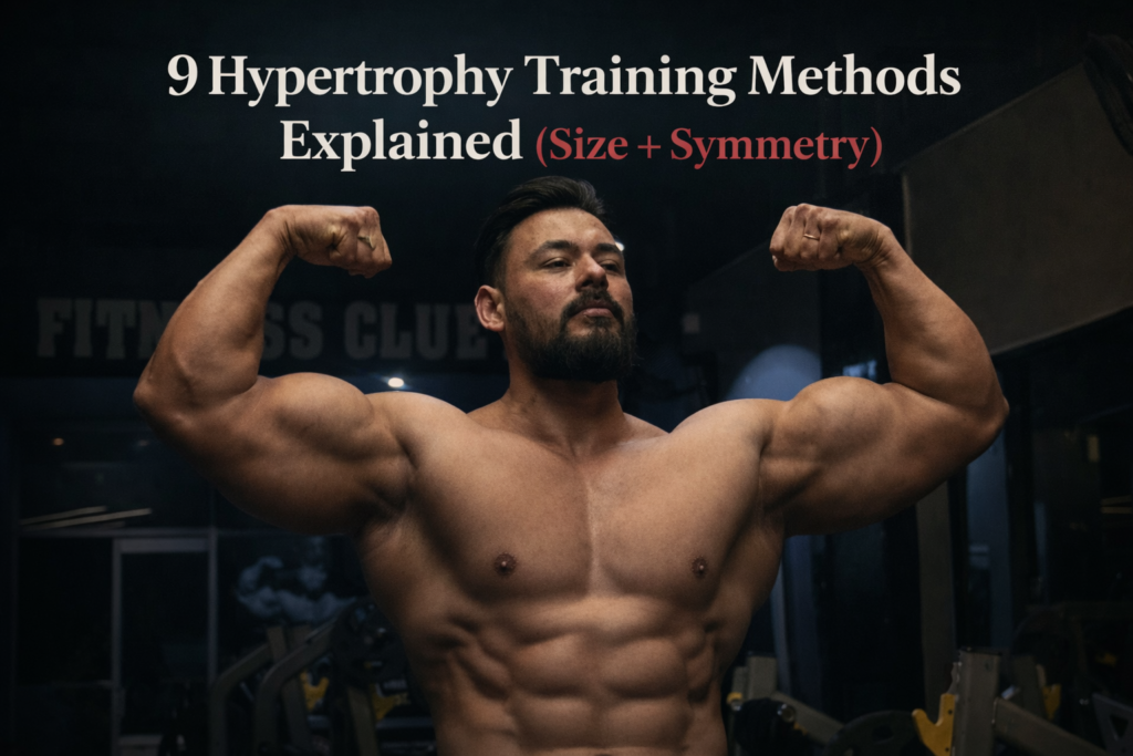 Muscular male fitness coach flexing arms in gym showcasing balanced hypertrophy, muscle size, and upper-body symmetry