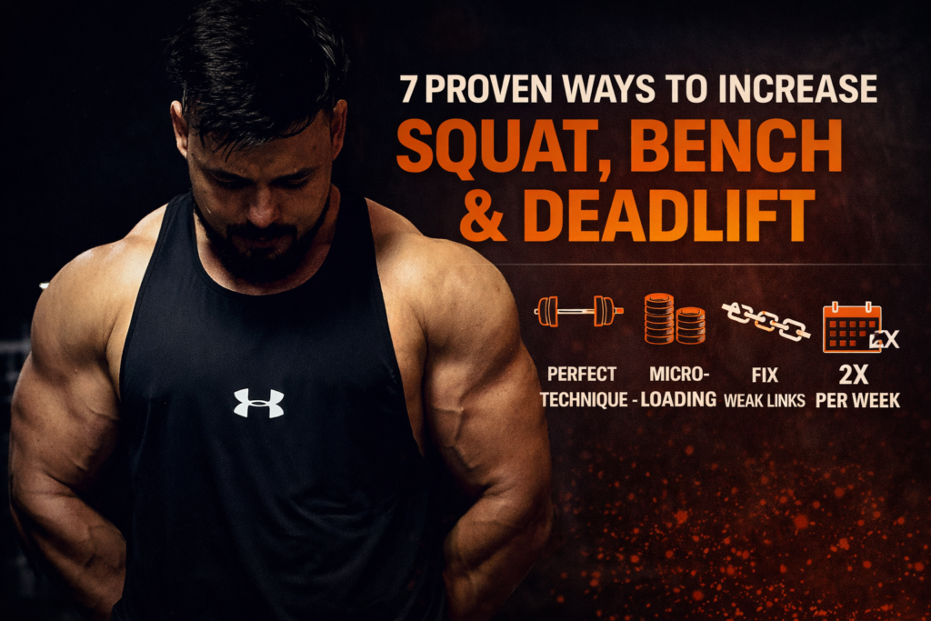 Muscular athlete standing in a gym wearing a sleeveless black top, representing proven strategies to increase squat, bench press, and deadlift strength.