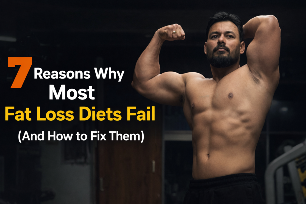 Fitness coach demonstrating a muscular physique in a gym, representing science-based fat loss and explaining why most fat loss diets fail and how to fix them sustainably.