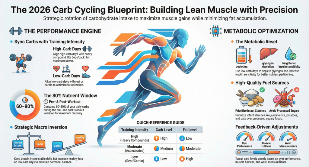 Infographic explaining the 2026 carb cycling blueprint for lean muscle gains, showing high-carb and low-carb day structure, workout nutrient timing, macro adjustments, insulin sensitivity benefits, and a quick-reference guide for training intensity and carb levels.