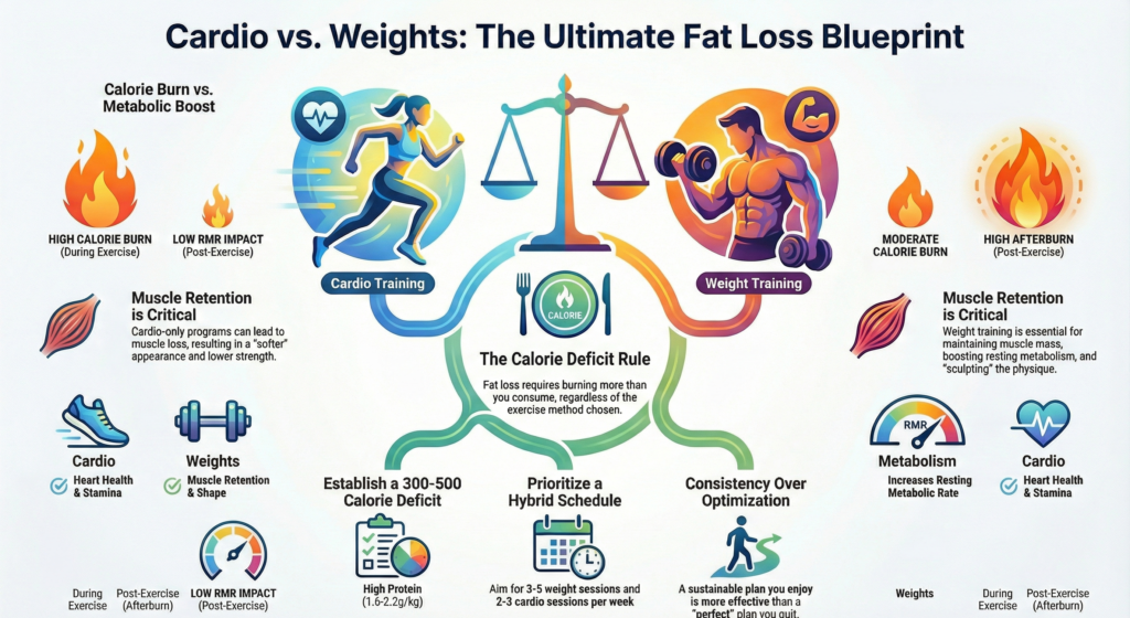Infographic comparing cardio and weight training for fat loss, highlighting calorie burn, muscle retention, metabolism, afterburn effect, and the importance of a calorie deficit with a hybrid workout schedule. fat loss facts, cardio vs weights, calorie deficit diet.