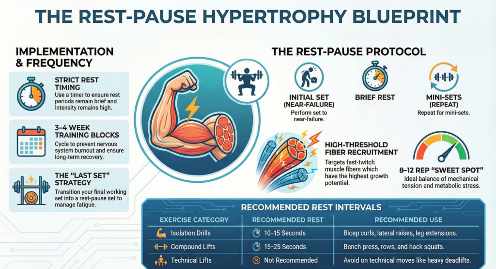 Infographic explaining the rest-pause hypertrophy blueprint, including implementation tips, rest intervals, fiber recruitment, 8–12 rep sweet spot, and recommended exercises for muscle growth.
