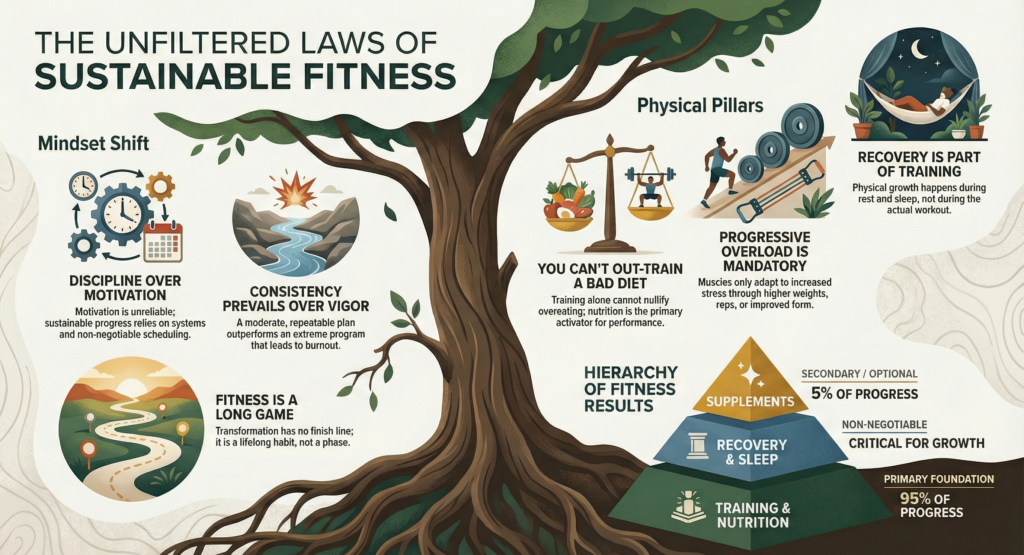 Illustrated infographic titled “The Unfiltered Laws of Sustainable Fitness” featuring a large tree representing long-term growth. Sections highlight discipline over motivation, consistency, progressive overload, recovery, nutrition, and a pyramid showing training and nutrition as the foundation, recovery as critical, and supplements as secondary.10 fitness reality checks, The truth about sustainable fitness.