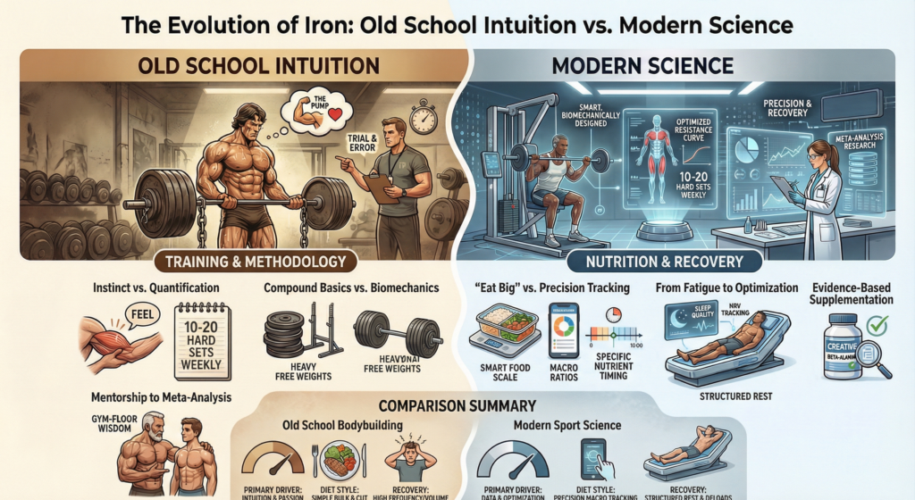 Infographic comparing old school bodybuilding intuition with modern science, showing differences in training methods, nutrition tracking, recovery optimization, biomechanics, and evidence-based supplementation. old school & modern bodybuilding differences.
